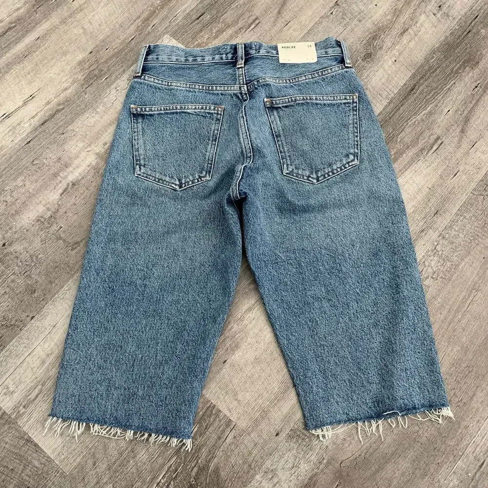 AGOLDE Denim Shorts Sz 24 CARRIE Long Length Slim Forefit Wash Button-Fly NEW